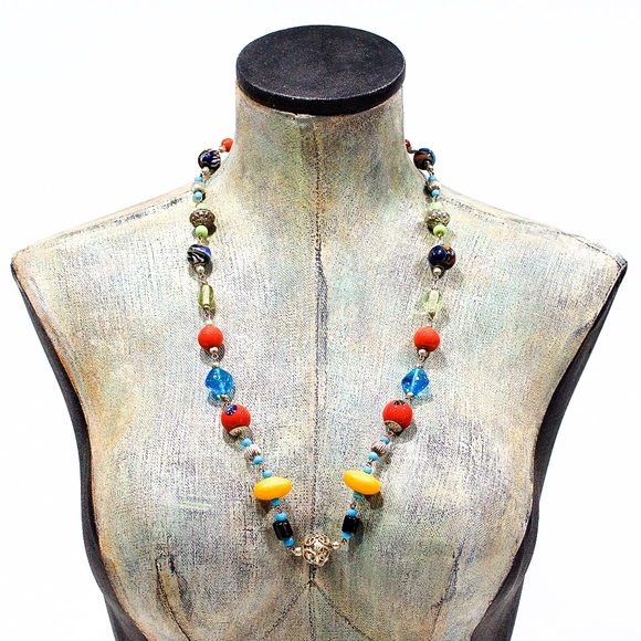 VTG 80's Glass Brass Resin Linked Necklace - Picture 2 of 3